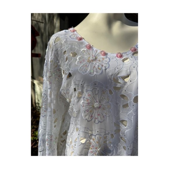 White Angel Wing Caftan Dress Sequins Embroidery Cutwork - Picture 6 of 16